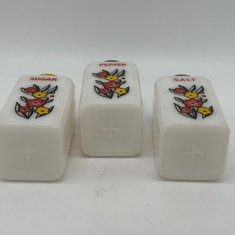 Vintage McKee Tipp City Milk Glass Sugar Salt Pepper Range Shaker Set Flower 40s